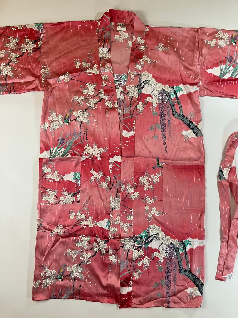 Japanese Kimono Robe Pink Floral Bird Satin Yukata 100% Polyester Made Japan